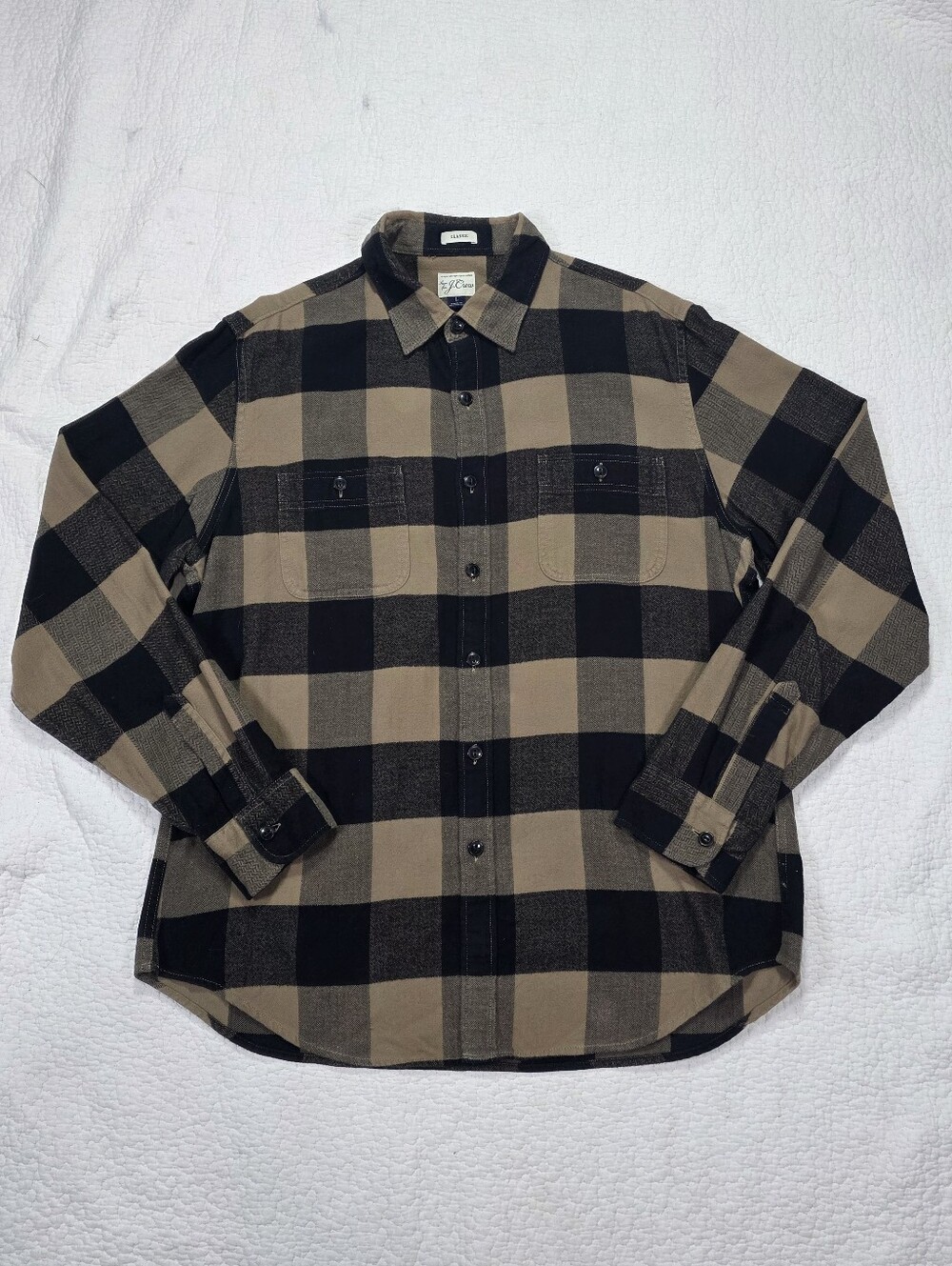 J.Crew Midweight Buffalo Plaid Flannel Black and Tan Plaid Long-Sleeve Shirt